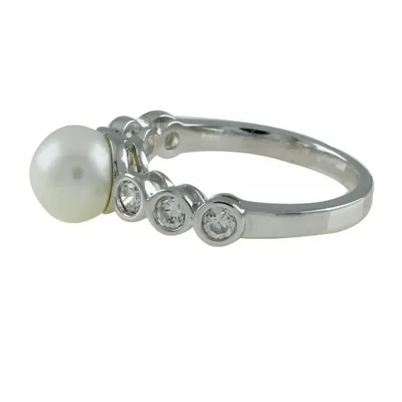 Sterling Silver Round Pearl & Cubic Zirconia Solitaire Ring Size 10.5
